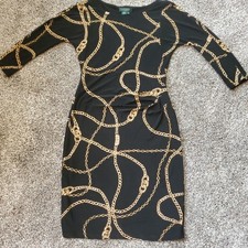 L AUREN RALPH LAUREN Black Gold Chain Link Jersey Dress Boat Neck Pullover Sz 8