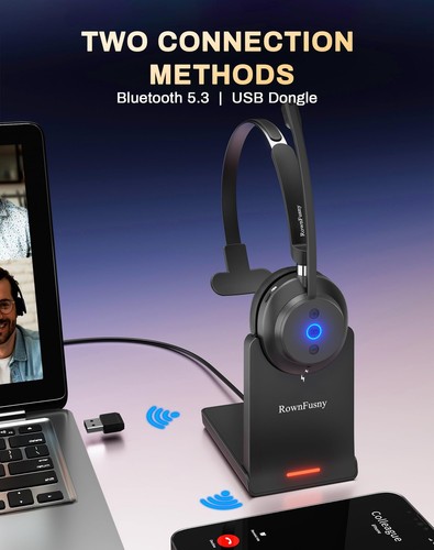 Rownfusny Bluetooth Wireless Headset with Mic for Work Noise Cancelling Heads... - Picture 4 of 9
