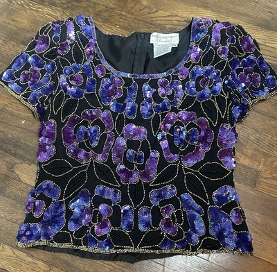 Papelle Boutique Women s Beaded  Event Silk Blouse With Short Sleeves Size SP