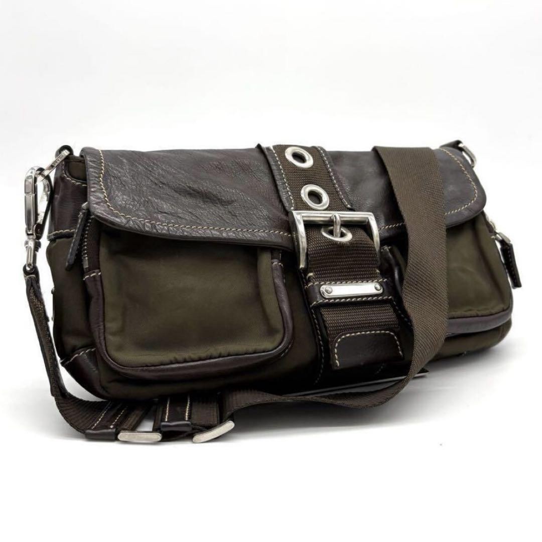 Prada Reversible Khaki Leather Nylon Crossbody Shoulder Bag Preowned