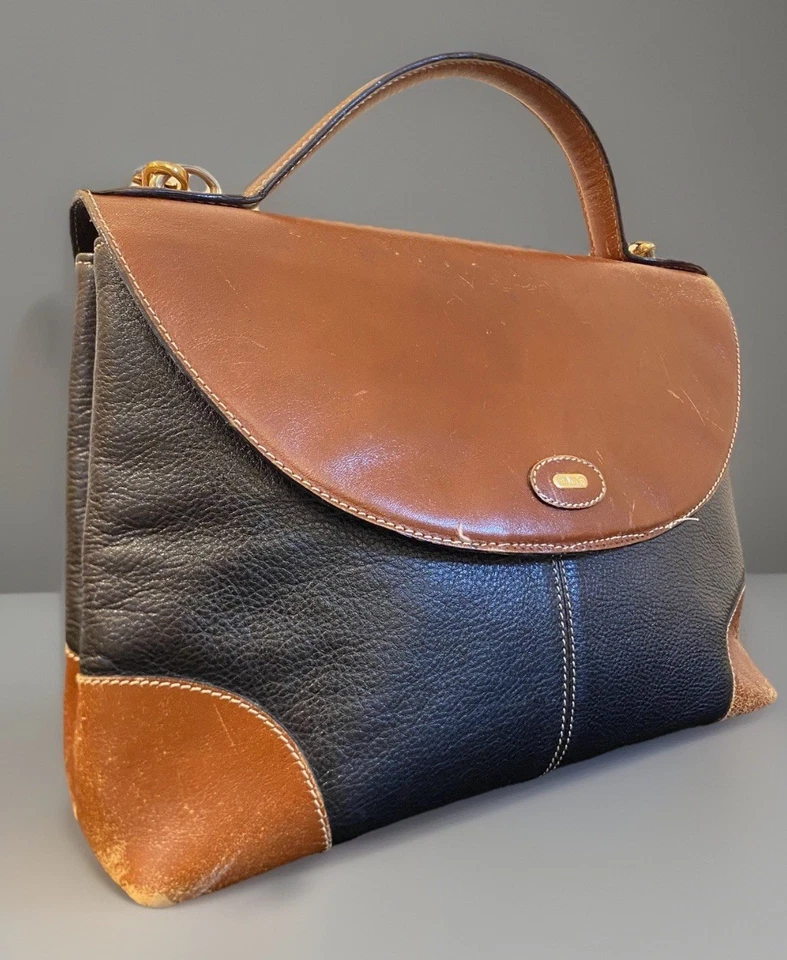 VTG Distressed Bally Black & Brown Pebble Leather Top Handle Satchel Purse Read - Image 3 of 4
