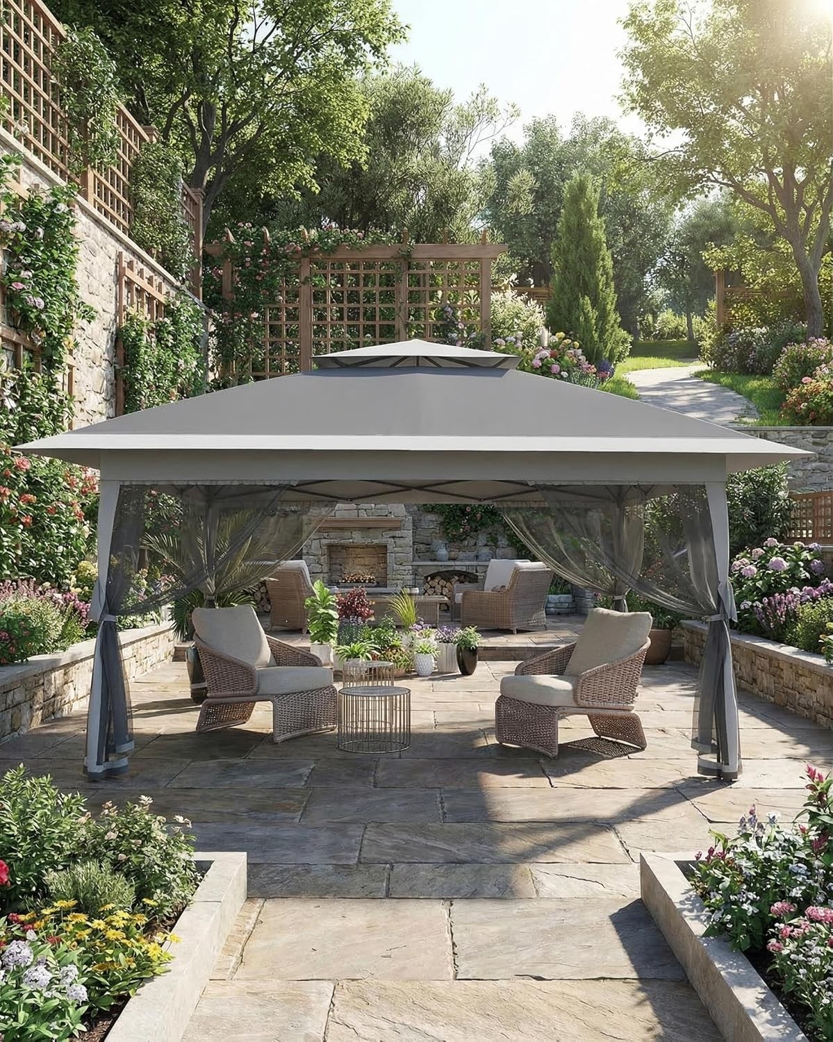 Auvent de gazebo de jardin pliable 12x12 ft grand abri terrasse moustiquaire