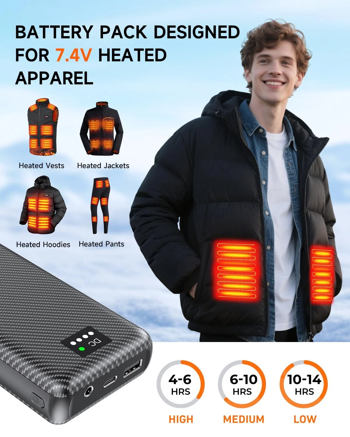 Heated Vest Battery Pack, 7.4V 30000mAh Portable Charger with DC and USB Outp... - product detail image 2