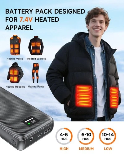 Heated Vest Battery Pack, 7.4V 30000mAh Portable Charger with DC and USB Outp... image 2