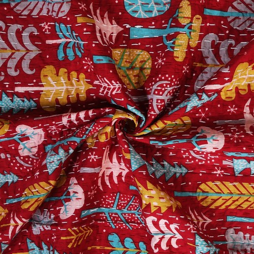 Indian Handmade Hand Block Print Kantha Quilt Bedspread Throw Cotton Blanket Art - Picture 3 of 5