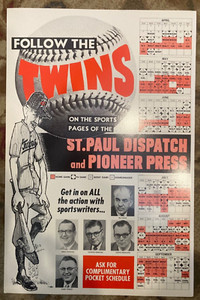 ORIGINAL 1968 PIONEER PRESS MINNESOTA TWINS 14X21 POSTER SCHEDULE WALL ART SIGN
