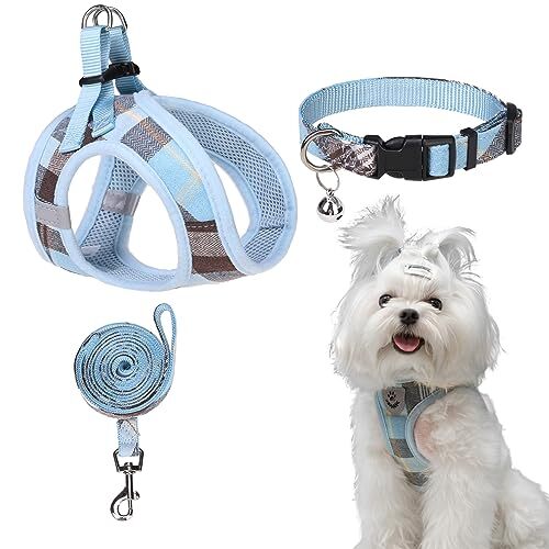 Classic Plaid Step in Dog Harness - Small Dog Collar and Medium (3 Count) Blue