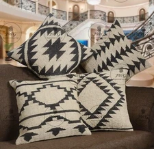 4 Set Jute Vintage Kilim Cushion Cover, Home Décor Pillow Cases, Moroccan Shams