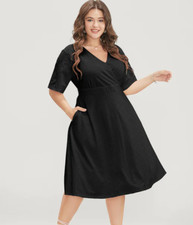 NWT Bloomchic Solid Pocket Laser Cut Surplice Neck Knee Black Dress Size 18-20