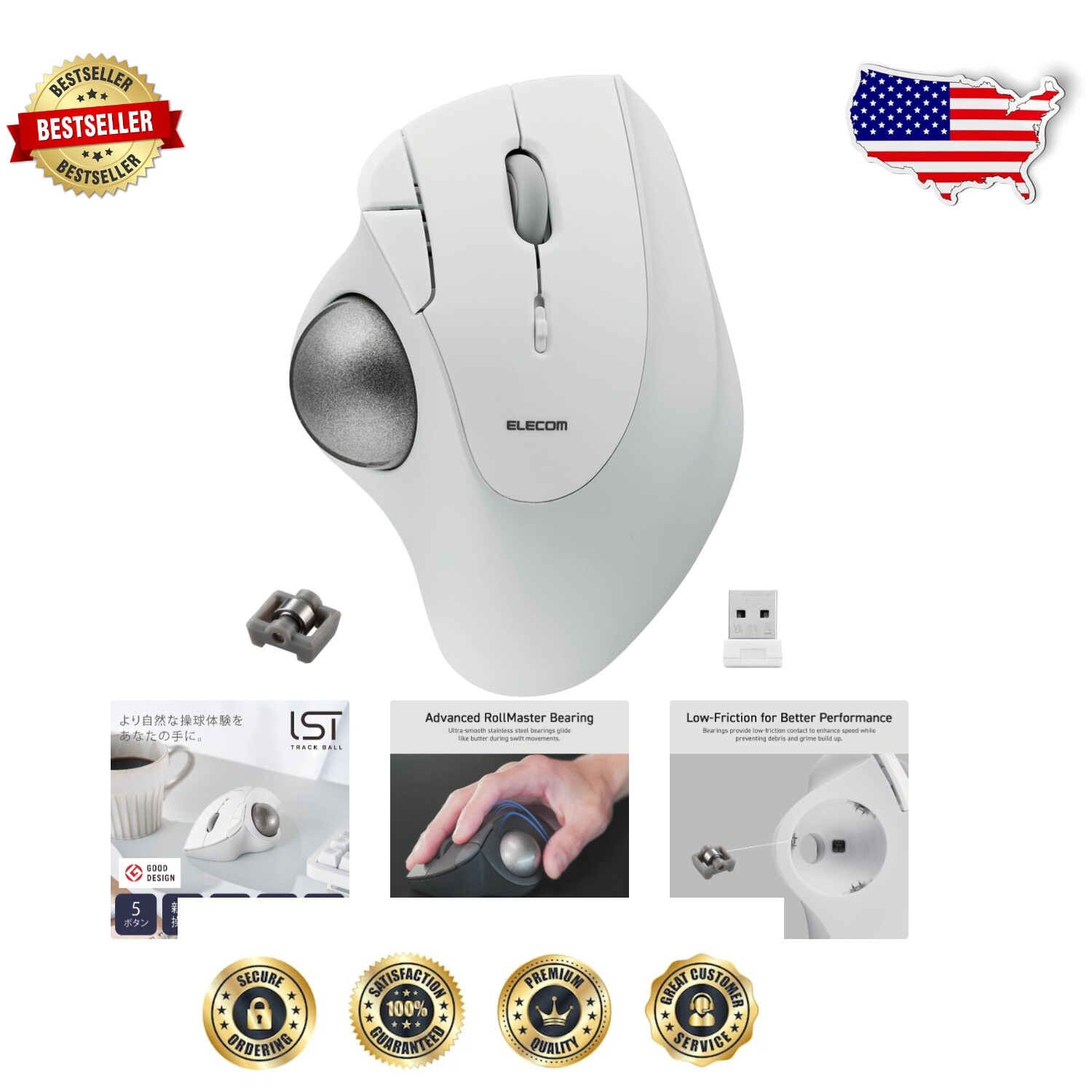 Compact 36mm Wireless Trackball with Ergonomic Design and Interchangeable Bearings
