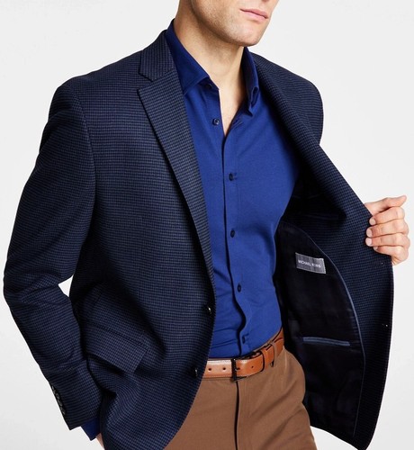 46R Michael Kors Men's Blazer Classic Fit Houndstooth Sport Coat Navy E05655 - Picture 2 of 10