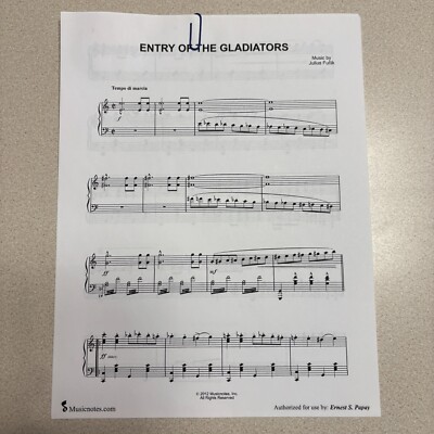 Entry of the Gladiators (Fucik) circus march piano sheet music. LN. 6 pp.