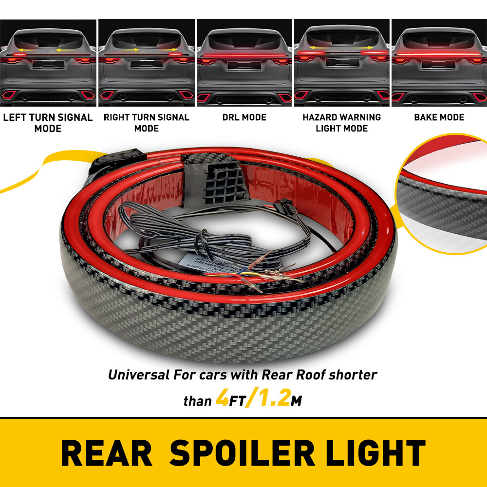 4 FT 1.2M Carbon Fiber LED Car Brake Bar Tail Light Strip Rear Spoiler Lip Trim