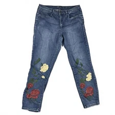 FDJ French Dress Jeans Womens Size 14 Olivia Embroidered Floral Blue Denim Pants