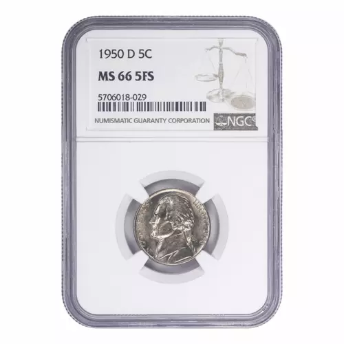 1950-D Jefferson 5c NGC MS66 5FS, Nice Original Coin, No Issues ~ sx