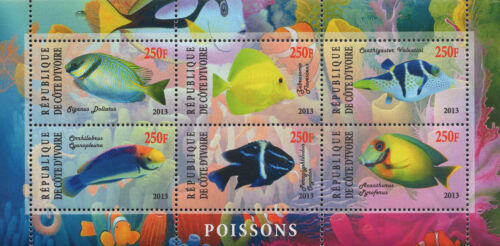 Cote D'Ivoire Fish Corals Marine Life Souvenir Sheet of 6 Stamps Mint NH - 第 1/1 張圖片