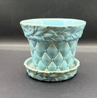 Vintage McCoy Flower Pot Turquoise Aqua Quilted Leaf Pattern 1940s Planter MCM
