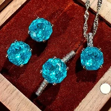 3pc Women Girl Jewelry Set Ocean Blue Topaz Rose Cut Gems Necklace Pendant Rings