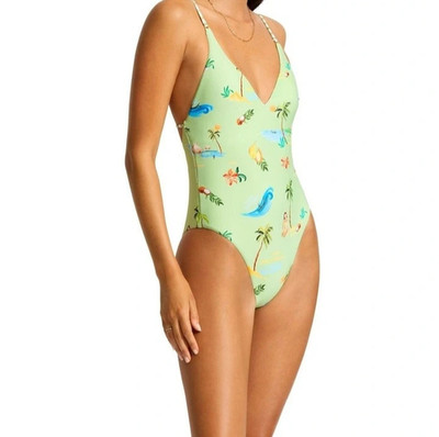 NEW Seafolly 12 AUS Isla Palm One Piece V Neck  Soft Cups Sage Green RRP $199.95