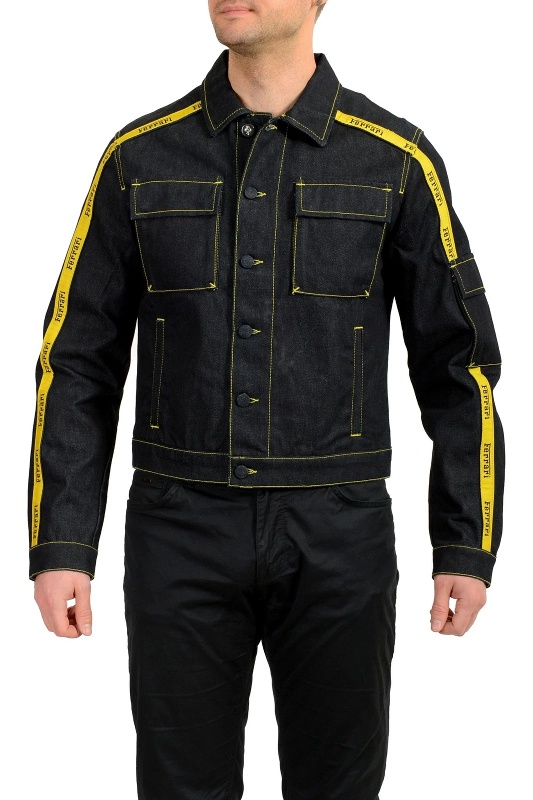 Scuderia Ferrari Men's Navy Blue Bomber Tape Dark Wash Denim Jacket US 2XL IT 56