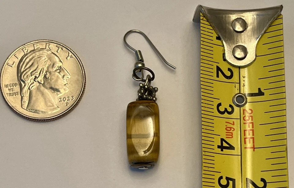 Tiger’s Eye Gemstone Rectangle Dangle Earrings – Silver Tone - Image 3 of 3