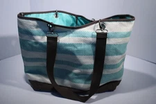Thirty-one Canvas Crew Tote Turquoise & Straw Striped Women’s Bag /Beach Bag