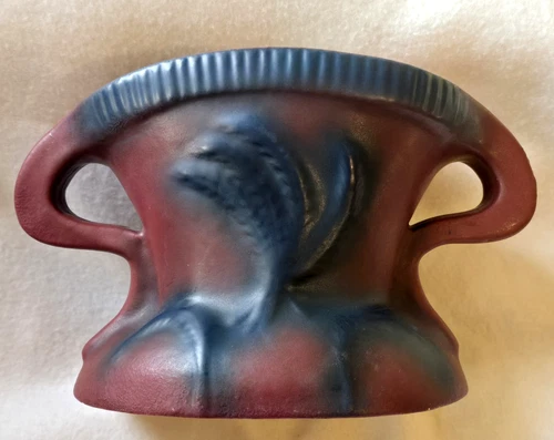 Late 1920s Van Briggle Pottery 2 Handled Vase Art Deco Maroon & Dark Blue