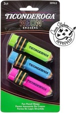 Ticonderoga Pencil Shaped Erasers, Neon Colors, 3 Count