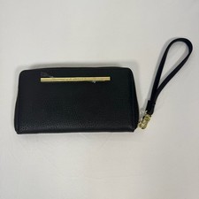 Steve Madden Black Pebble Zip-Around Wristlet Wallet with Gold Bar Logo
