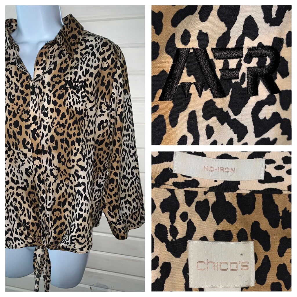 Chicos Sz 1 (MEDIUM) No-Iron Top Leopard Cheetah Tie Waist Button