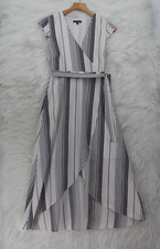 Madison Women's Faux Wrap Midi Dress Blue White Stripe XS Coastal Beach Nautical