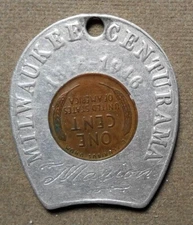 Milwaukee Centurama, 1846-1946. Encased 1946P 1c, horseshoe holder engraved Mari