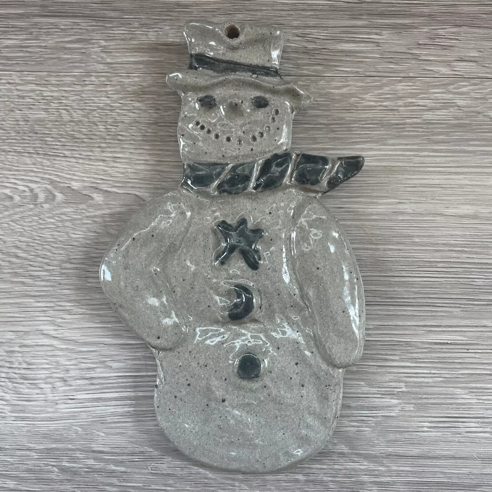 Rowe Pottery Blue & Gray Salt Glaze "Snowman" Christmas Ornament 1993 5.5” Big