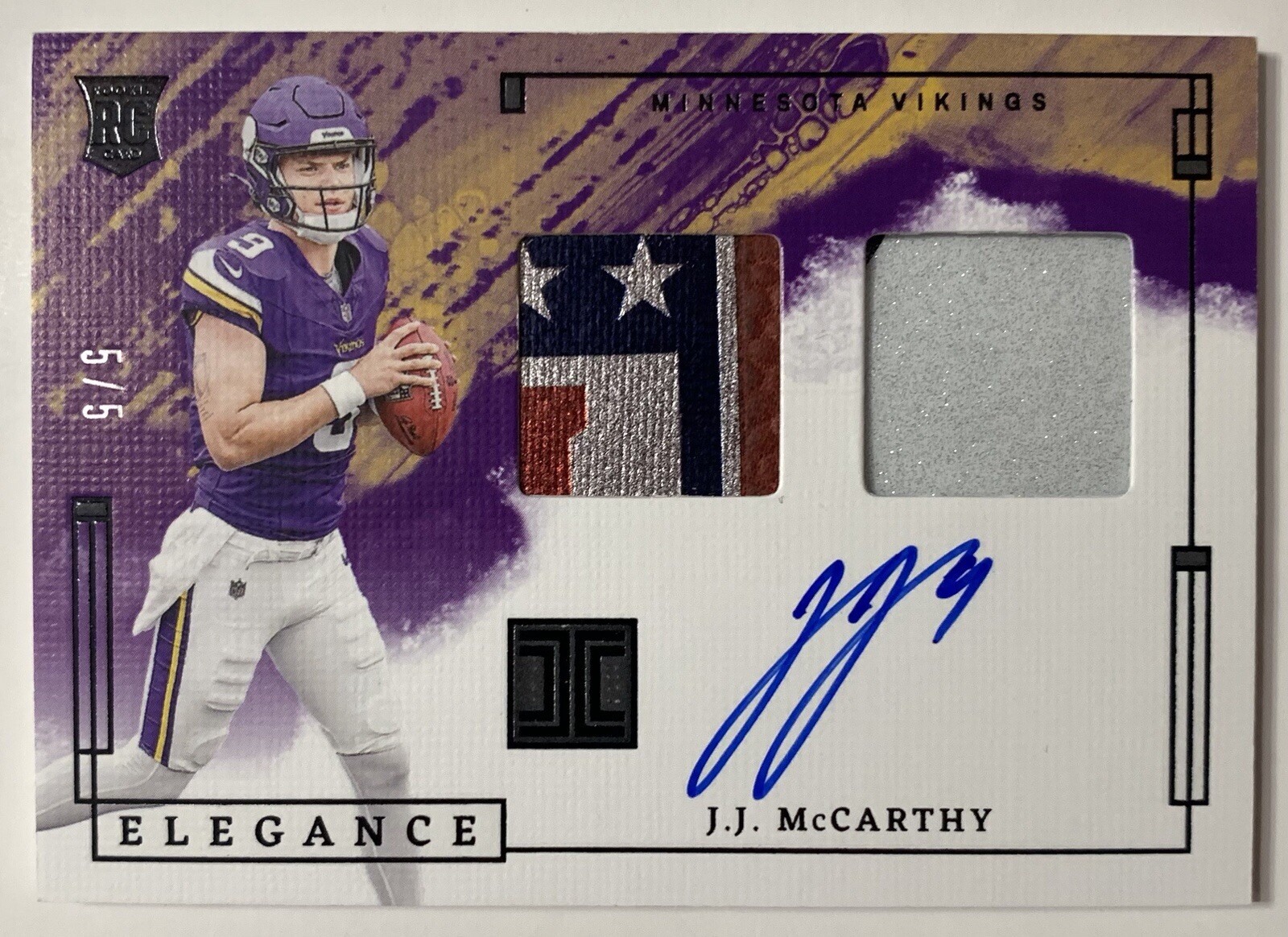 2024 Impeccable J.J. McCarthy Elegance Rookie Helmet Football Patch Auto RC 5/5!