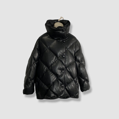 $1730 Ienki Ienki Women's Black Cozy Queen Faux Leather Down Jacket Size L