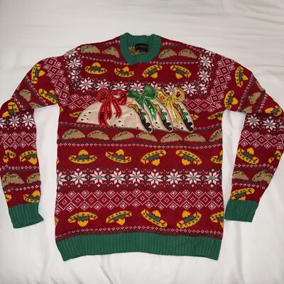 Ugly Christmas Sweater Tacos Sombreros Blizzard Bay Size Small Unisex Red