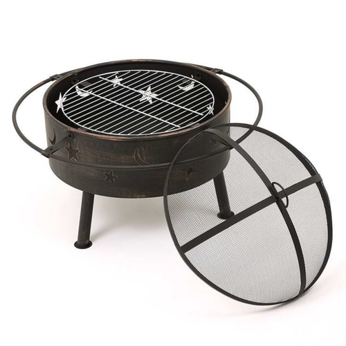 Round Outdoor Fire Pit Bowl Portable BBQ with Grill Shelf Charcoal