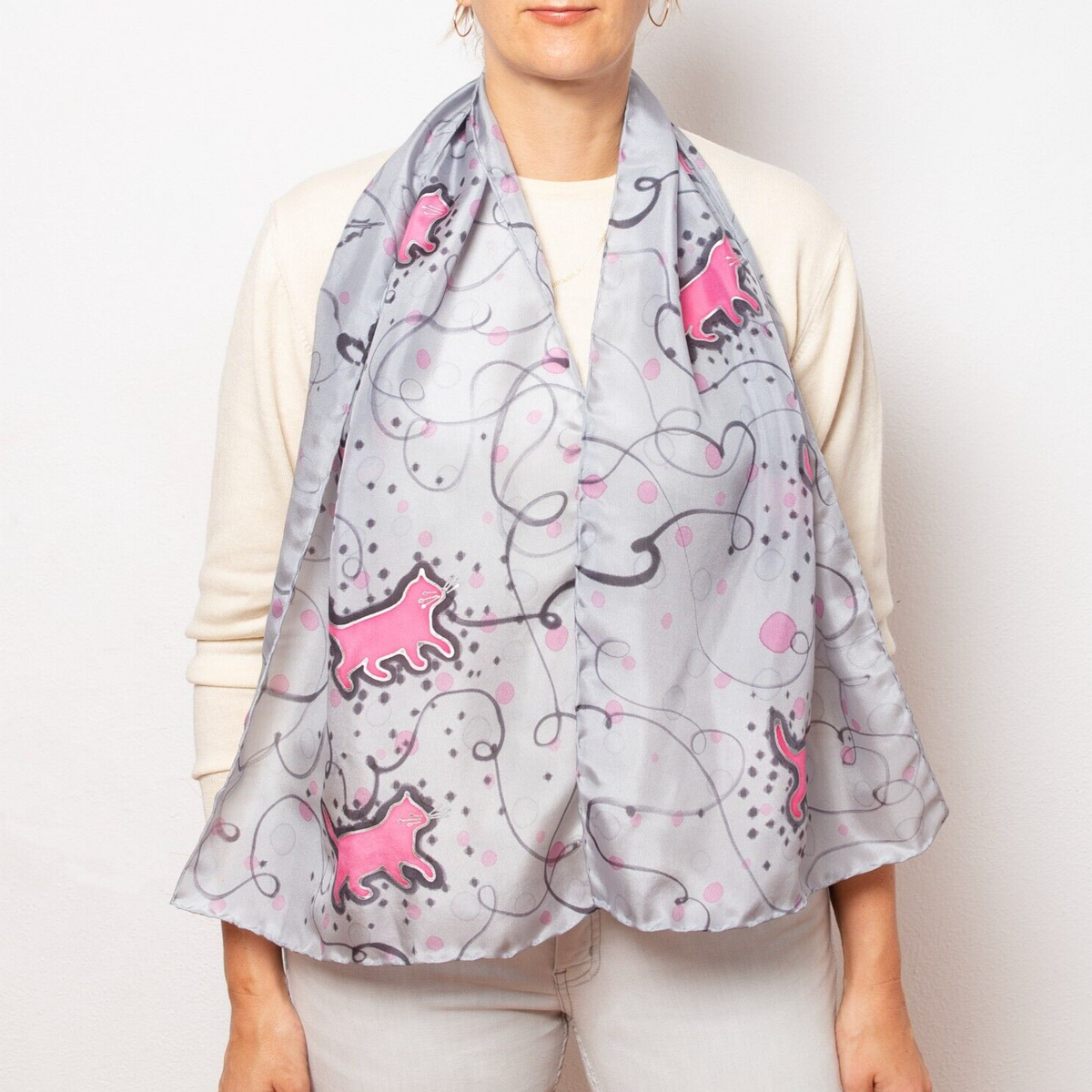 小物 Hand Printed Silk Scarf - grey Cat Print Scarf Hand Painted Silk Scarf Pink Grey Scarf Cat Mom