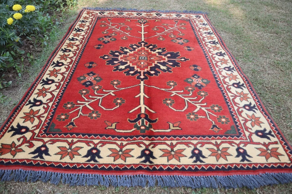 3'5x4'8 ft Afghan Rusty Red Bokhara Rug Vintage Turkmen Tribal Kitchen Decor Rug - Image 3 of 4