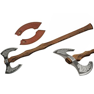 Viking Double Beard Axe Stainless Steel Blade Head Wood Handle +