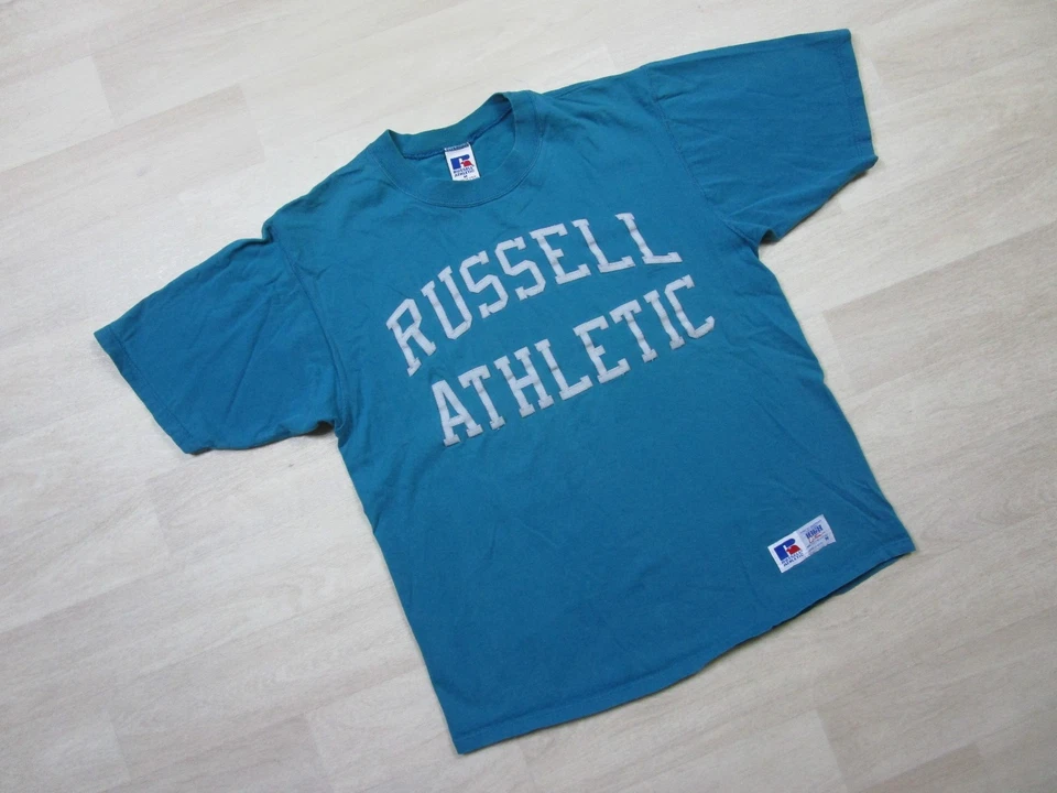 Vintage RUSSELL ATHLETIC Aqua Blue Spell Out Logo T-Shirt (M) Combed Cotton 90s - Image 2 of 4