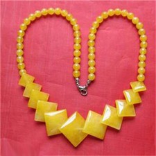 Genuine Yellow Jade Beads Square Pendant 18KGP Clasp Women Lady Girl Necklace