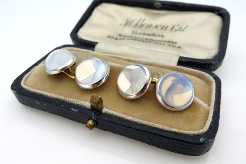 Antique Edwardian Art Deco era 14K Gold Moonstone Cabochon Cufflinks Buttons - Picture 5 of 15