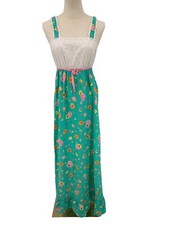 Vtg 70s Cottagecore Grannycore eyelet green priarie dress maxi ribbon flower