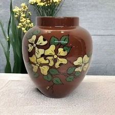Vintage Hand Painted Ceramic Pottery Vase Planter Signed Brown Floral Decor