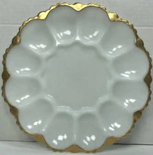 Vintage Anchor Hocking White Milk Glass Deviled Egg Plate Scalloped Gold Trim