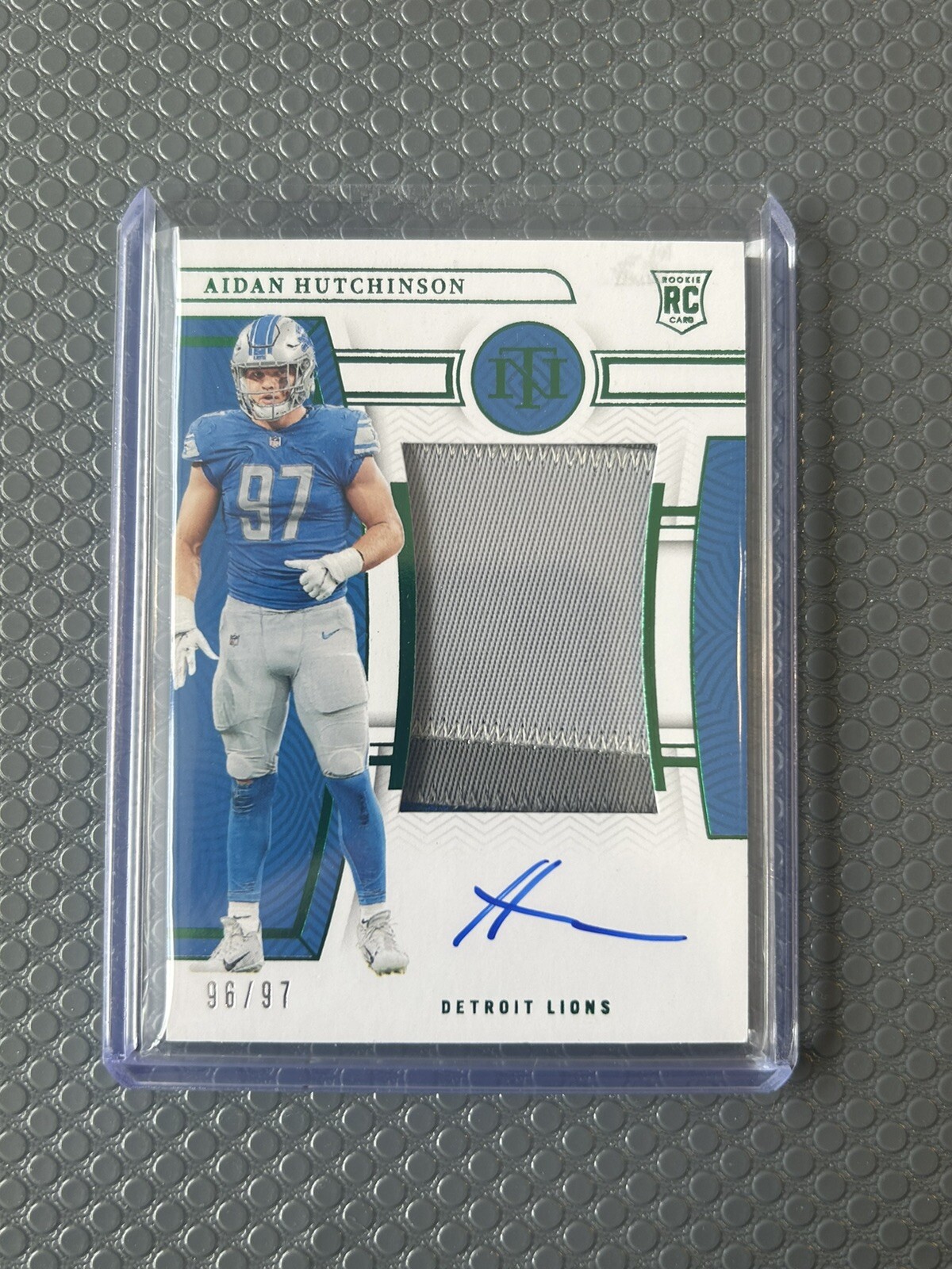 2022 National Treasures RPA Aidan Hutchinson Green /97 Lions Rookie Patch Auto