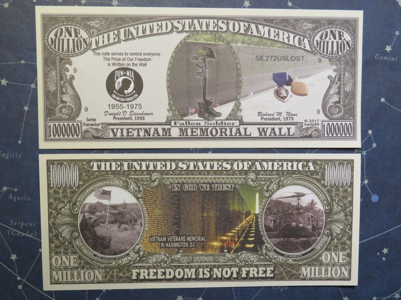 VIETNAM MEMORIAL WALL in Wash. DC - POW-MIA ~ $1,000,000 One Million Dollar Bill