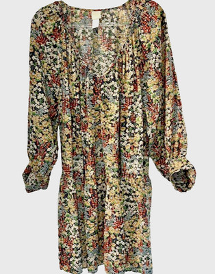 H & M Navy Yellow Floral Shift Dress L Boho Botanical Puff Sleeve Breezy Relaxed