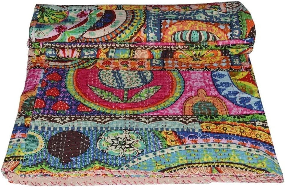 Edredón Kantha reversible hecho a mano - tiro floral tamaño doble para decoración Foto 3 de 4